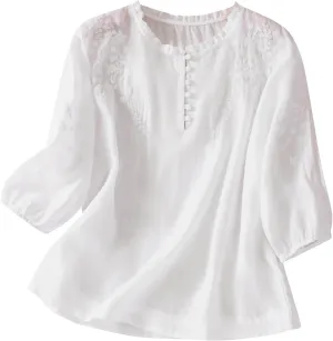 Mexico Shirts for Women Summer Embroidered Blouse Cotton Linen Round Neck Tops Vintage Loose Button-Down T-Shirt