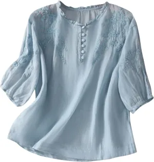 Mexico Shirts for Women Summer Embroidered Blouse Cotton Linen Round Neck Tops Vintage Loose Button-Down T-Shirt