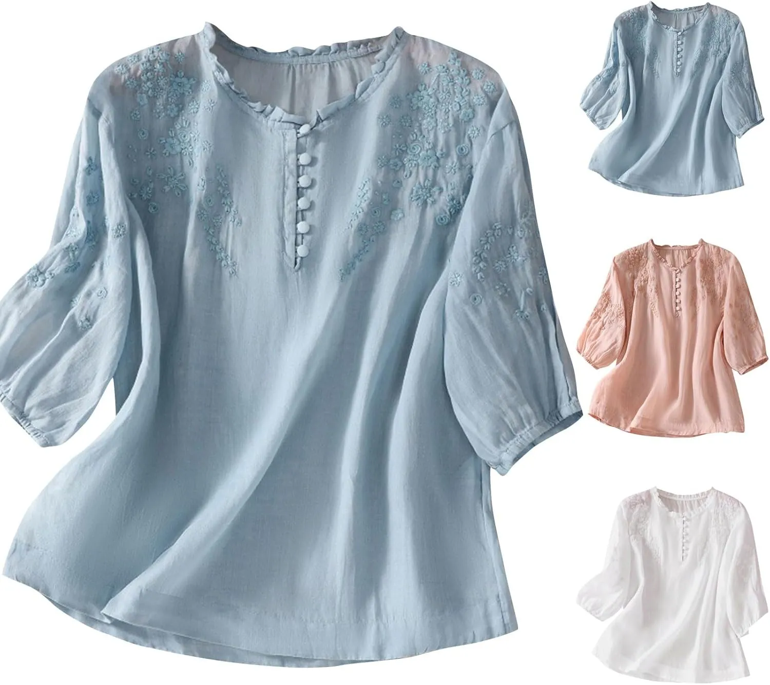 Mexico Shirts for Women Summer Embroidered Blouse Cotton Linen Round Neck Tops Vintage Loose Button-Down T-Shirt