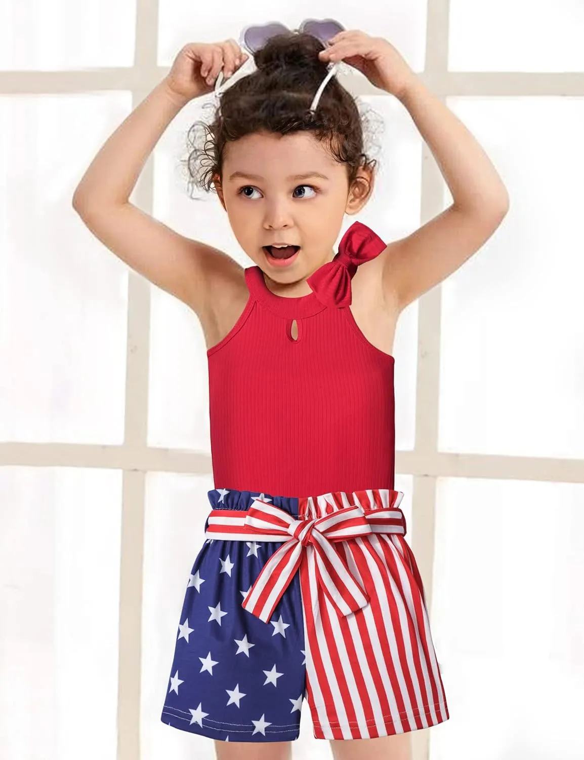 MIGU Toddler Girl Clothes Summer Silk Scarf Sets Sleeveless T-shirt Top Stripe Shorts Headband 3Pcs Set