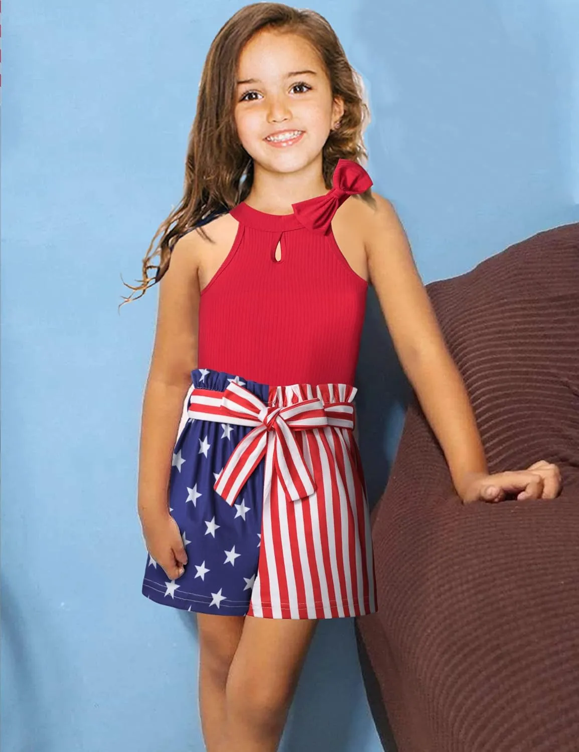 MIGU Toddler Girl Clothes Summer Silk Scarf Sets Sleeveless T-shirt Top Stripe Shorts Headband 3Pcs Set