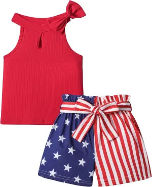 MIGU Toddler Girl Clothes Summer Silk Scarf Sets Sleeveless T-shirt Top Stripe Shorts Headband 3Pcs Set