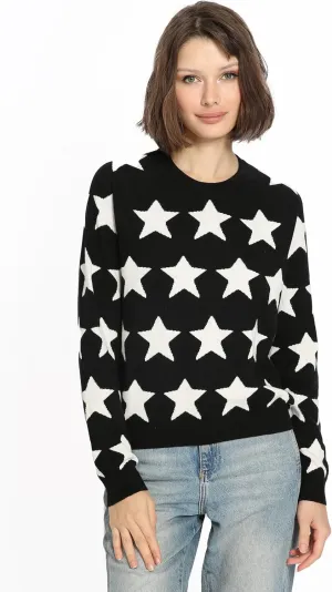 Minnie Rose Women's Long Sleeve Crewneck Cotton Cashmere Star Jaquard Sweater