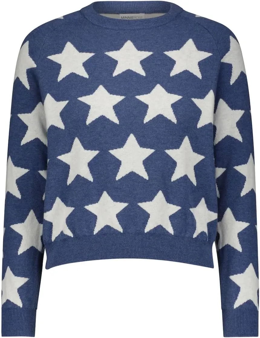 Minnie Rose Women's Long Sleeve Crewneck Cotton Cashmere Star Jaquard Sweater