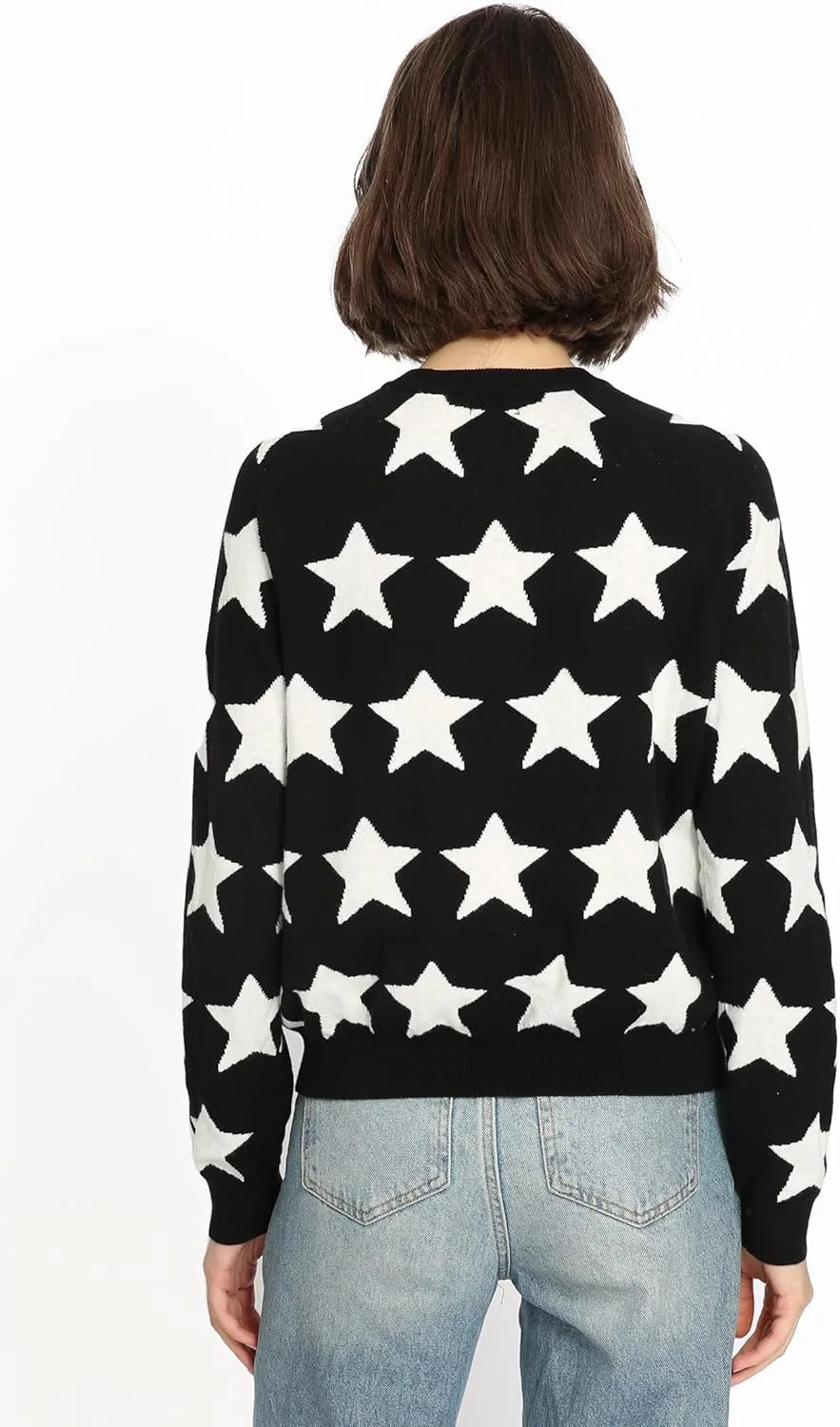 Minnie Rose Women's Long Sleeve Crewneck Cotton Cashmere Star Jaquard Sweater