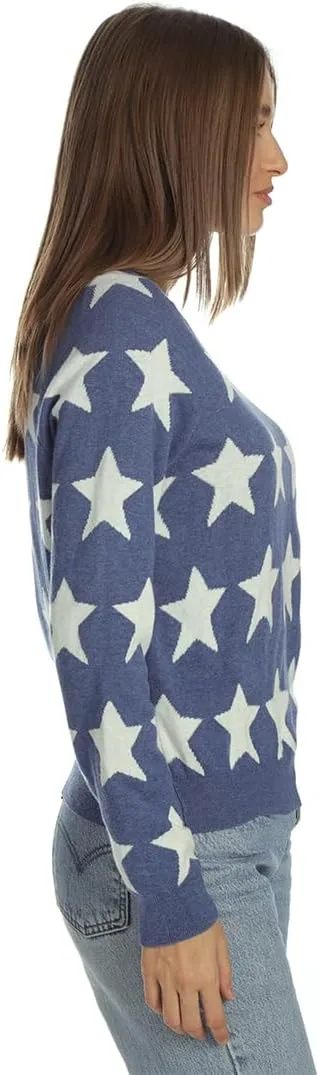 Minnie Rose Women's Long Sleeve Crewneck Cotton Cashmere Star Jaquard Sweater