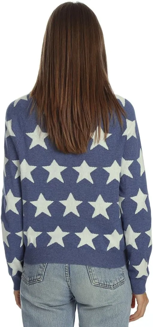 Minnie Rose Women's Long Sleeve Crewneck Cotton Cashmere Star Jaquard Sweater