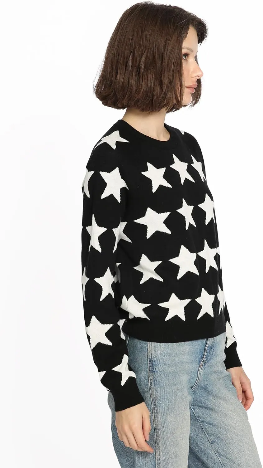 Minnie Rose Women's Long Sleeve Crewneck Cotton Cashmere Star Jaquard Sweater
