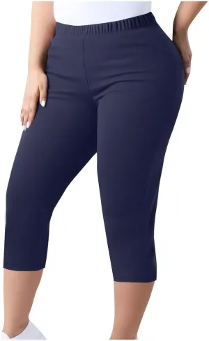 Mmoneyake Plus Size Capri Leggings for Curvy Women Stretch Knee Length Leggings High Waisted Yoga Workout Pants Cropped Tight