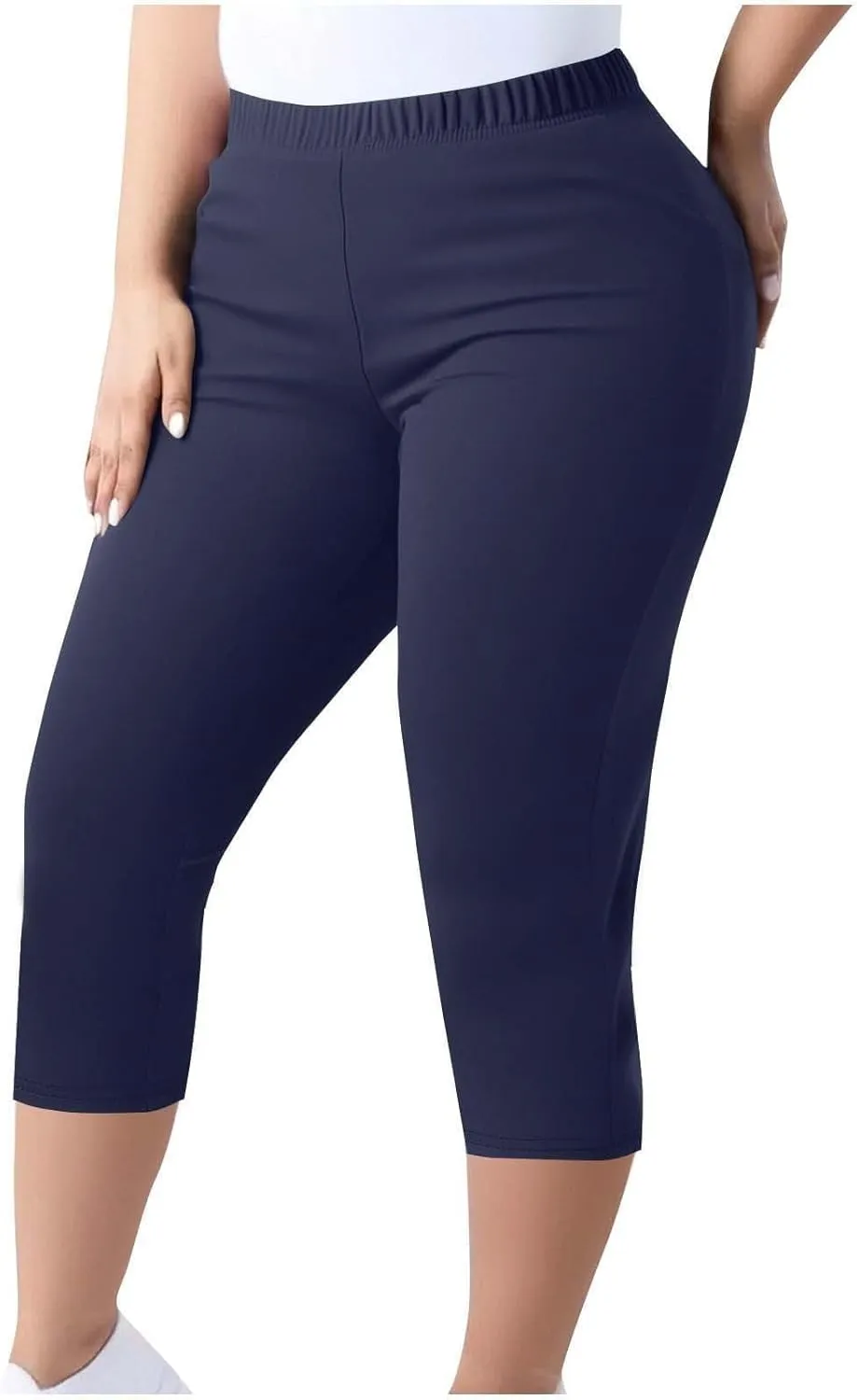 Mmoneyake Plus Size Capri Leggings for Curvy Women Stretch Knee Length Leggings High Waisted Yoga Workout Pants Cropped Tight