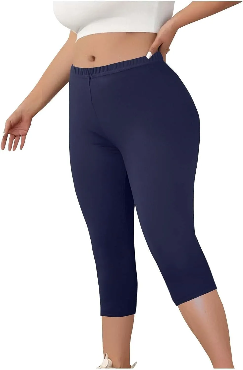 Mmoneyake Plus Size Capri Leggings for Curvy Women Stretch Knee Length Leggings High Waisted Yoga Workout Pants Cropped Tight