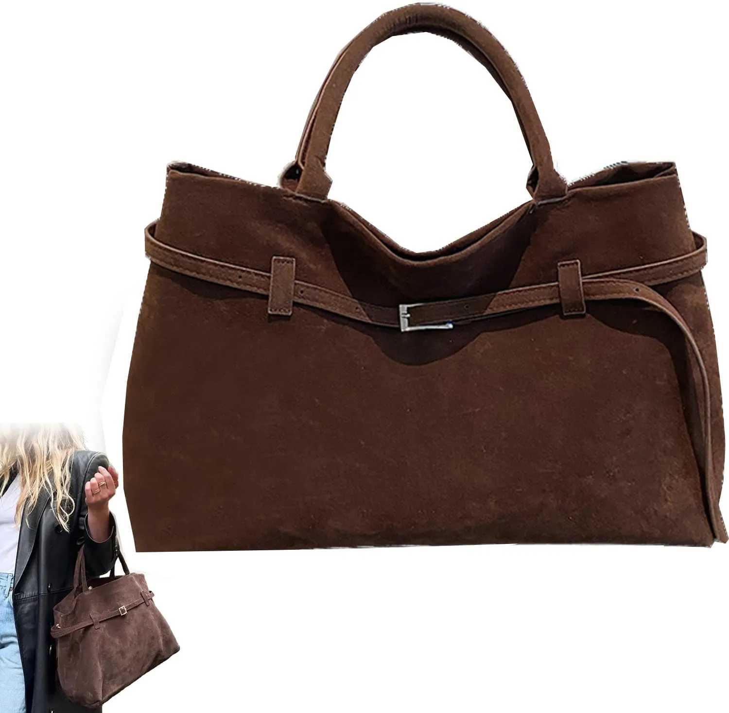 Modavo Vintage Suede Tote Bag, Women's Large Brown Suede Handbag with Top Handles