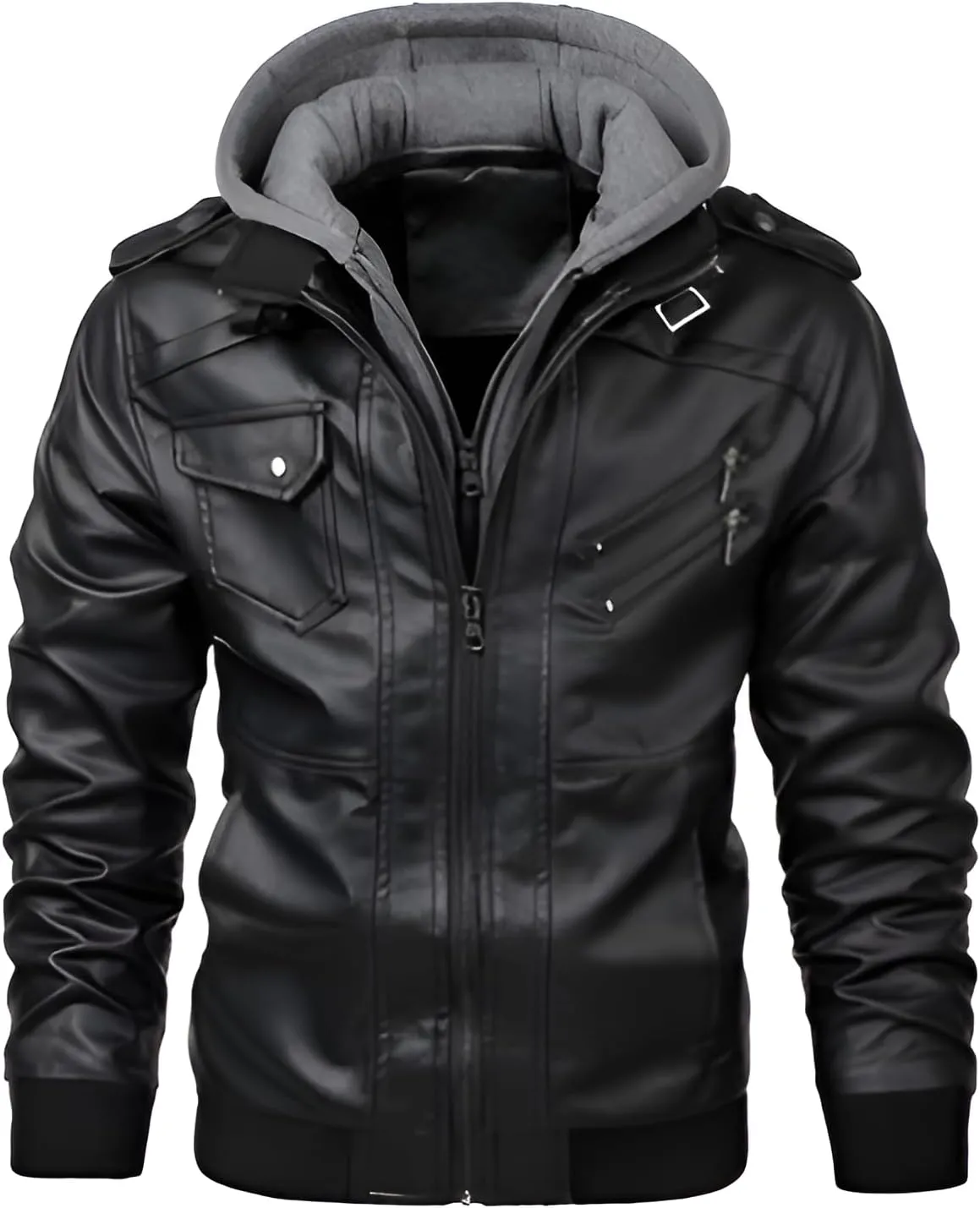 Mokcoliy]【Motorcycle PU Jacket Men's Hooded Biker Style Coat | Rugged Yet Refined Design for Urban Adventures/Social Events (Breathable, Lightweight Faux Leather)