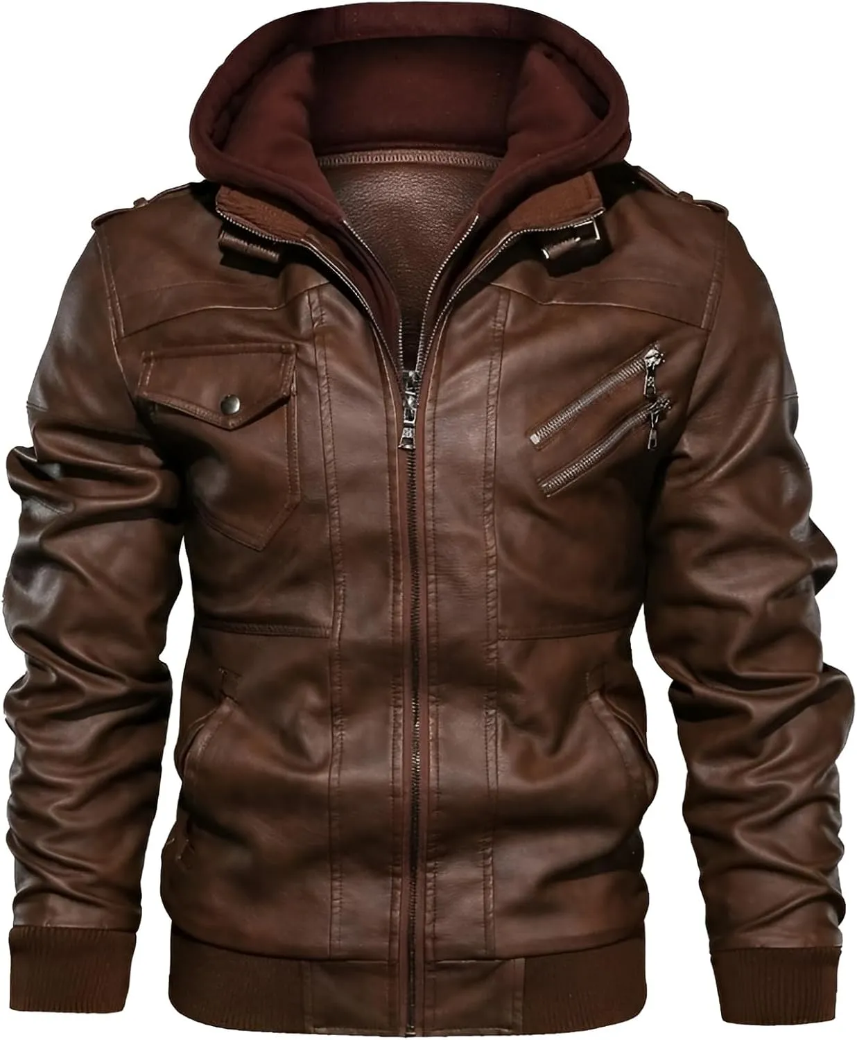 Mokcoliy]【Motorcycle PU Jacket Men's Hooded Biker Style Coat | Rugged Yet Refined Design for Urban Adventures/Social Events (Breathable, Lightweight Faux Leather)