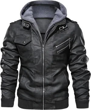Mokcoliy]【Motorcycle PU Jacket Men's Hooded Biker Style Coat | Rugged Yet Refined Design for Urban Adventures/Social Events (Breathable, Lightweight Faux Leather)