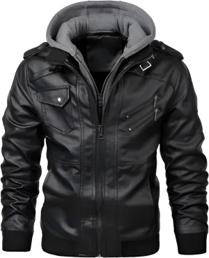 Mokcoliy]【Motorcycle PU Jacket Men's Hooded Biker Style Coat | Rugged Yet Refined Design for Urban Adventures/Social Events (Breathable, Lightweight Faux Leather)