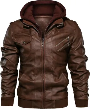 Mokcoliy]【Motorcycle PU Jacket Men's Hooded Biker Style Coat | Rugged Yet Refined Design for Urban Adventures/Social Events (Breathable, Lightweight Faux Leather)