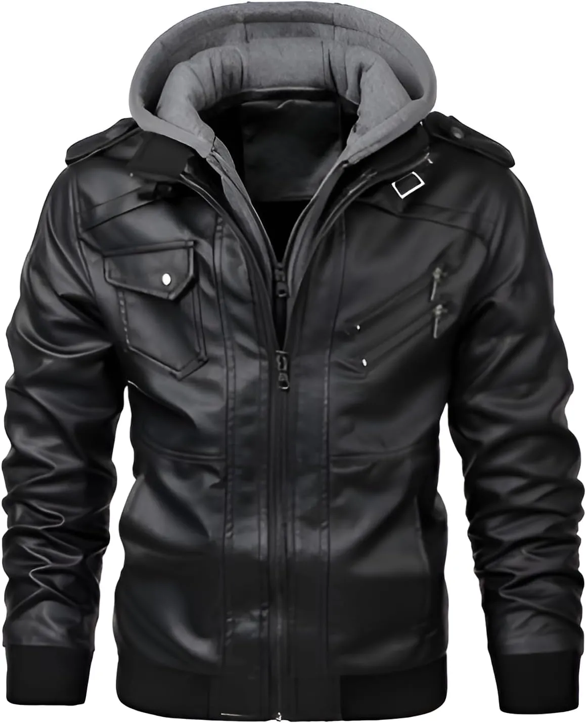 Mokcoliy]【Motorcycle PU Jacket Men's Hooded Biker Style Coat | Rugged Yet Refined Design for Urban Adventures/Social Events (Breathable, Lightweight Faux Leather)
