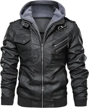 Mokcoliy]【Motorcycle PU Jacket Men's Hooded Biker Style Coat | Rugged Yet Refined Design for Urban Adventures/Social Events (Breathable, Lightweight Faux Leather)