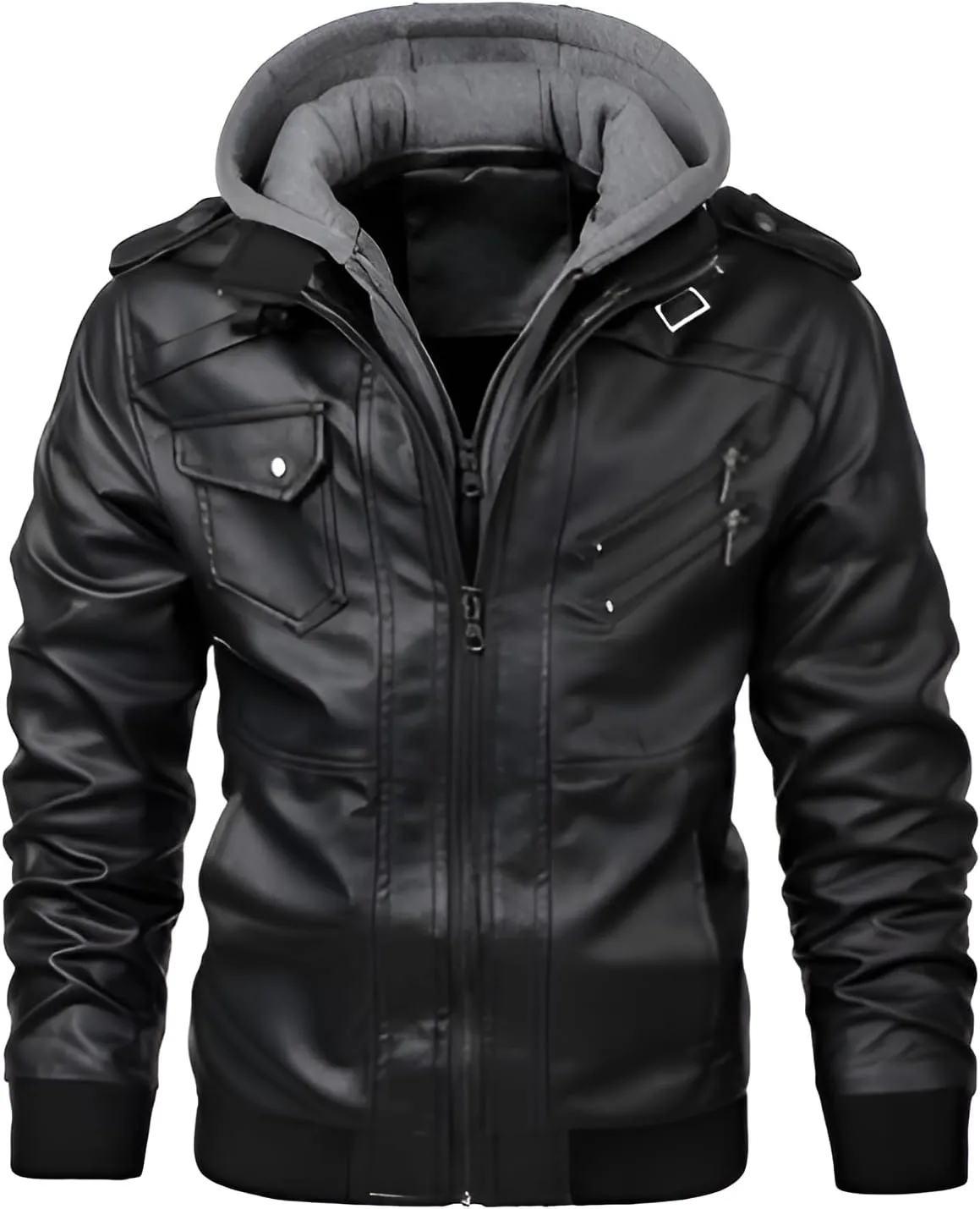 Mokcoliy]【Motorcycle PU Jacket Men's Hooded Biker Style Coat | Rugged Yet Refined Design for Urban Adventures/Social Events (Breathable, Lightweight Faux Leather)