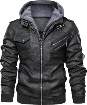 Mokcoliy]【Motorcycle PU Jacket Men's Hooded Biker Style Coat | Rugged Yet Refined Design for Urban Adventures/Social Events (Breathable, Lightweight Faux Leather)