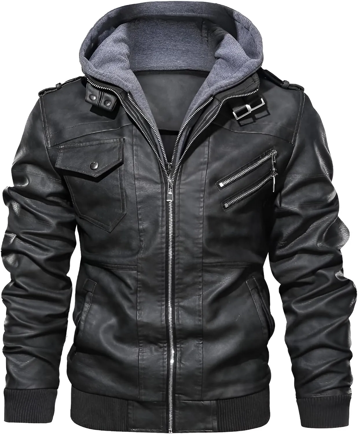 Mokcoliy]【Motorcycle PU Jacket Men's Hooded Biker Style Coat | Rugged Yet Refined Design for Urban Adventures/Social Events (Breathable, Lightweight Faux Leather)