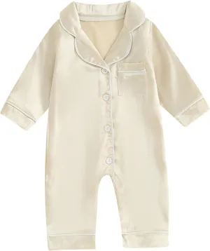 Multitrust Newborn Baby Girl Boy Silk Pajamas Long Sleeve Button Down Satin Infant Pjs One Piece Jumpsuit Loungewear
