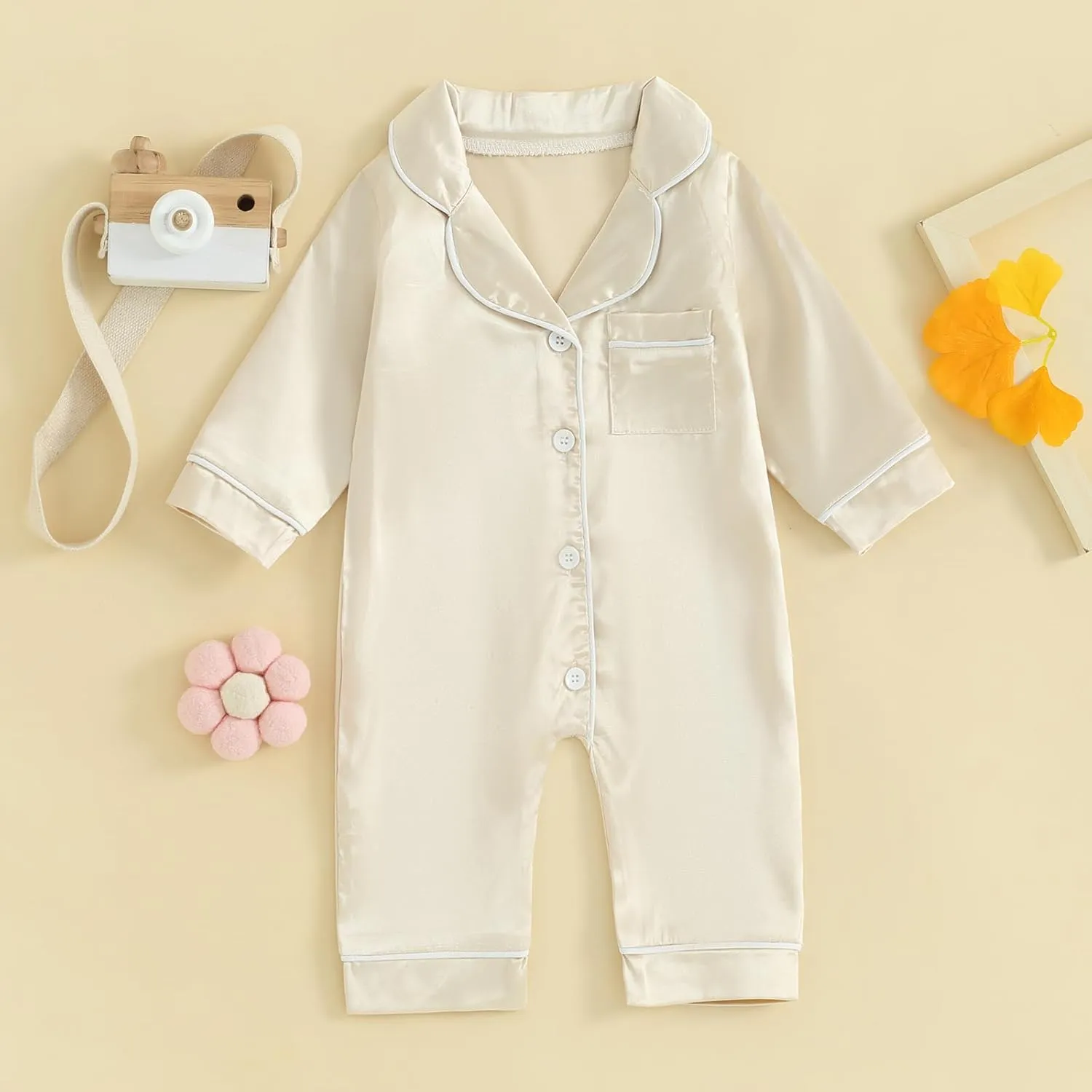 Multitrust Newborn Baby Girl Boy Silk Pajamas Long Sleeve Button Down Satin Infant Pjs One Piece Jumpsuit Loungewear
