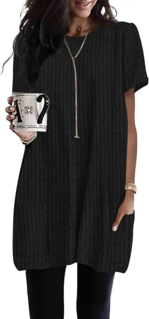Naggoo Summer Womens Tunic Tops for Leggings with Pockets Loose Fit Short Sleeve Casual Long T Shirts