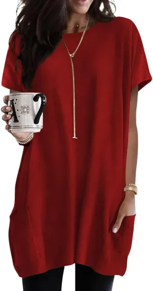 Naggoo Womens Short Sleeve Tunic Tops for Leggings Summer Casual Long Shirts with Pockets Loose Fit Oversized Tshirts