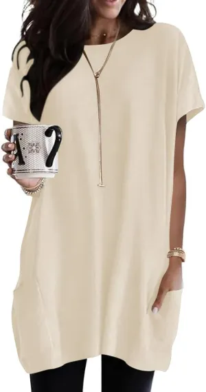 Naggoo Womens Short Sleeve Tunic Tops for Leggings Summer Casual Long Shirts with Pockets Loose Fit Oversized Tshirts