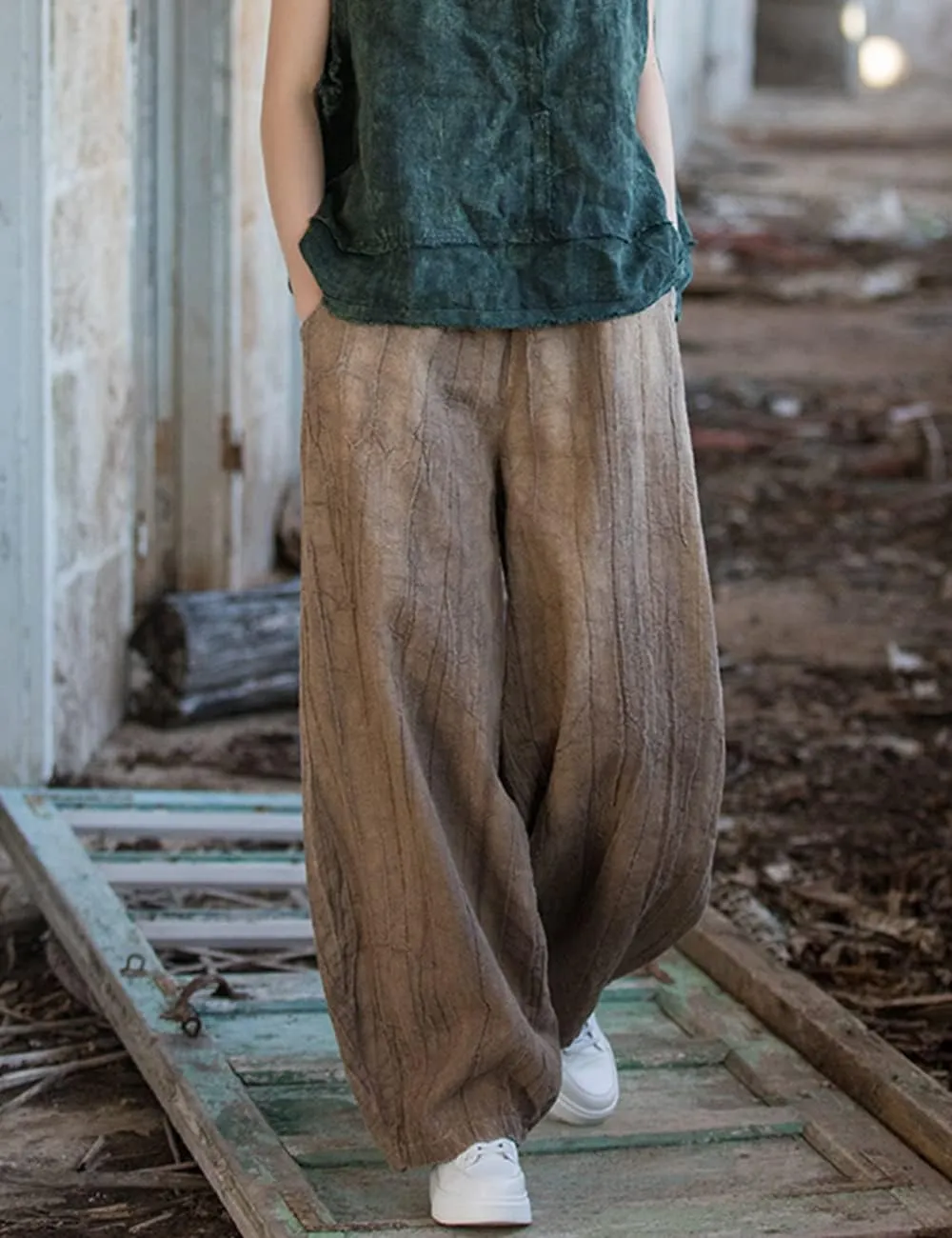 NFYM Women's Casual Distressed Cotton Linen Wide Leg Baggy Pants Elastic Waist Relax Fit Lantern Trouser