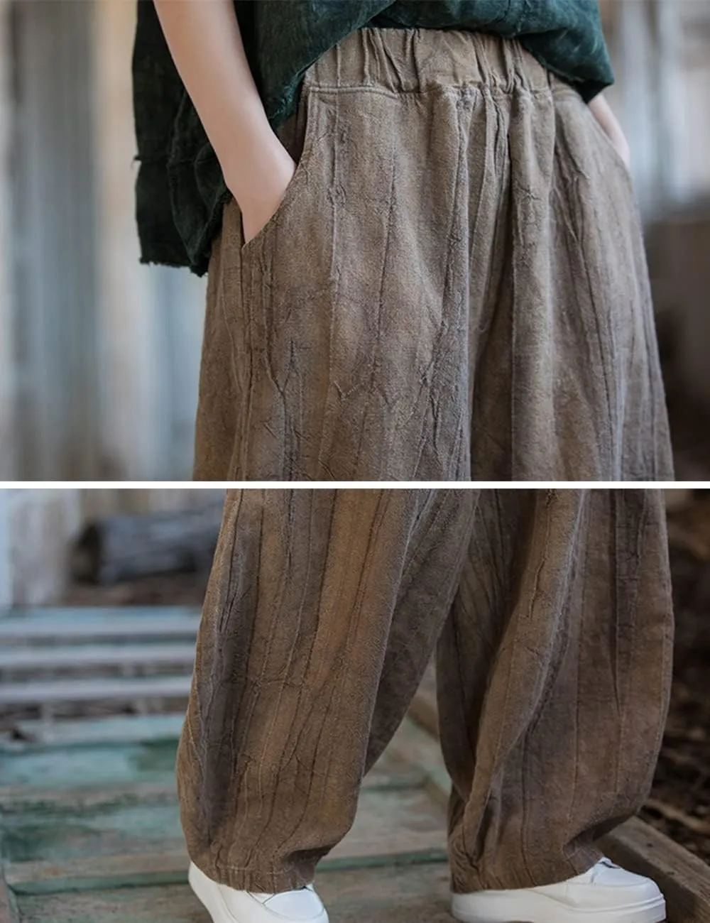 NFYM Women's Casual Distressed Cotton Linen Wide Leg Baggy Pants Elastic Waist Relax Fit Lantern Trouser