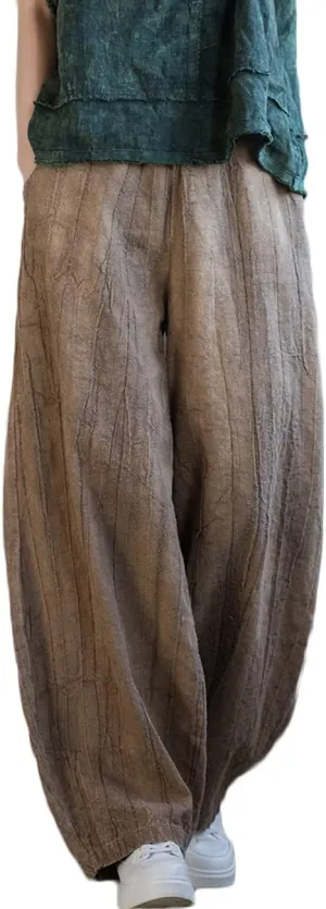 NFYM Women's Casual Distressed Cotton Linen Wide Leg Baggy Pants Elastic Waist Relax Fit Lantern Trouser