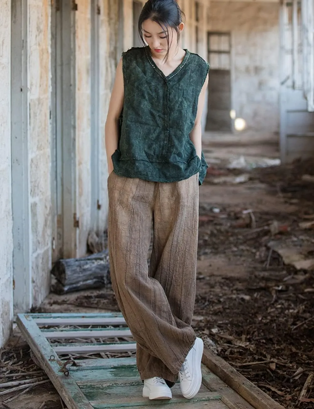 NFYM Women's Casual Distressed Cotton Linen Wide Leg Baggy Pants Elastic Waist Relax Fit Lantern Trouser