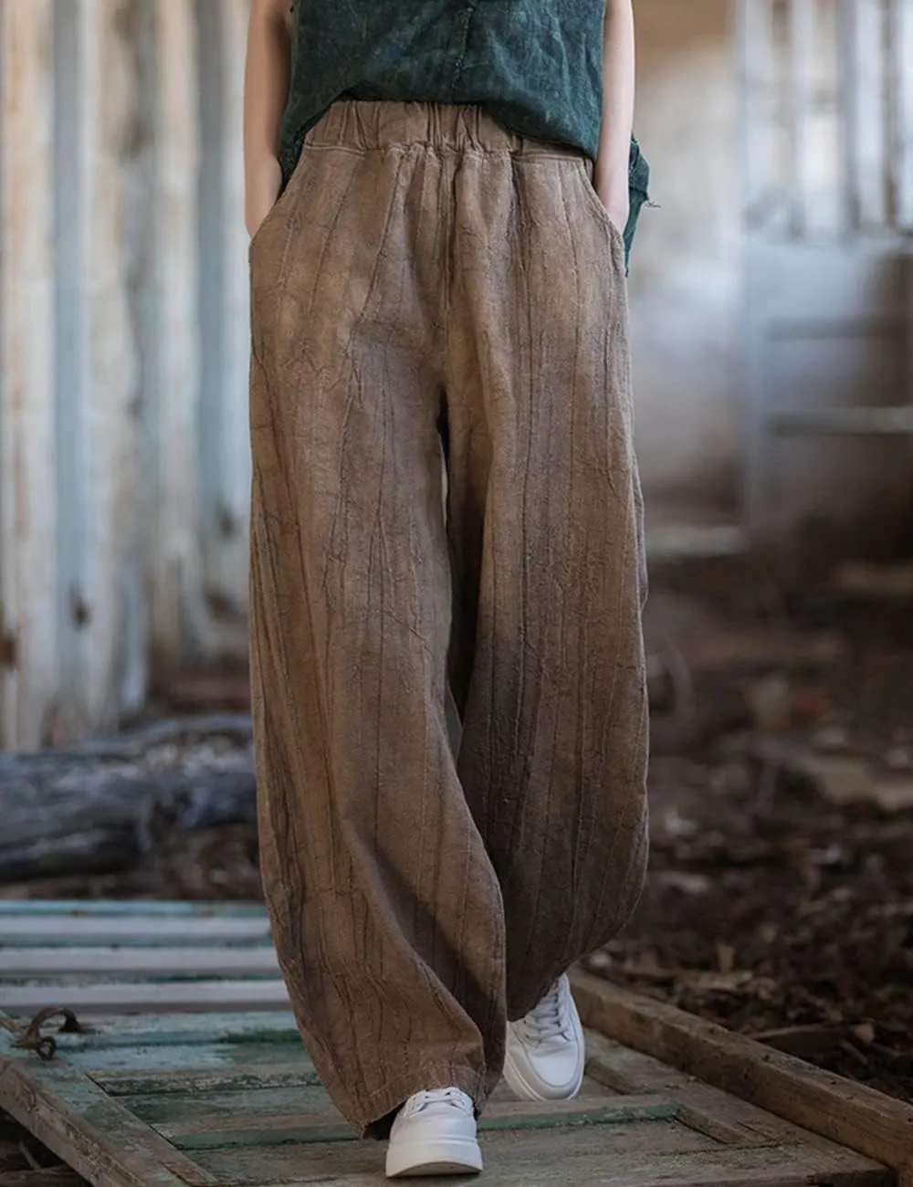 NFYM Women's Casual Distressed Cotton Linen Wide Leg Baggy Pants Elastic Waist Relax Fit Lantern Trouser