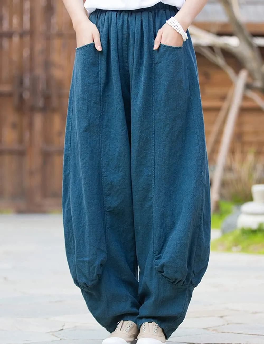 NFYM Women's Summer Cotton Linen Cropped Pants Wide Leg Elastic Waist Relax Fit Casual Baggy Trousers