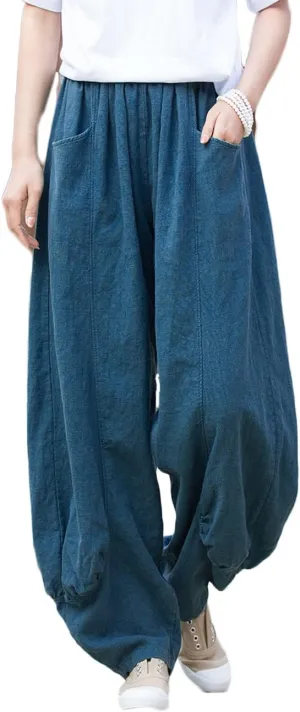 NFYM Women's Summer Cotton Linen Cropped Pants Wide Leg Elastic Waist Relax Fit Casual Baggy Trousers