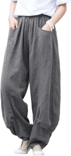 NFYM Women's Summer Cotton Linen Cropped Pants Wide Leg Elastic Waist Relax Fit Casual Baggy Trousers
