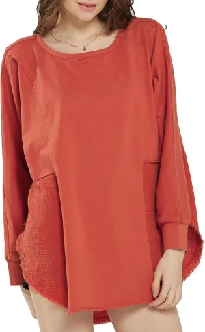 noflik 100% Cotton Comfy Oversized Round Side Slit Contrast Top & Pleat Detail Ballon Sleeve High and Low Top