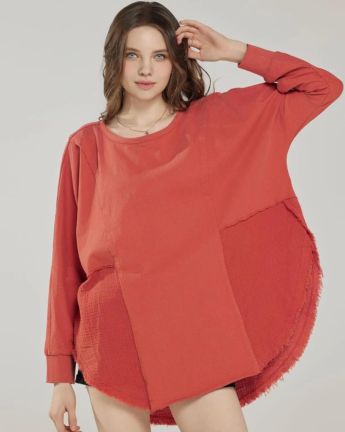 noflik 100% Cotton Comfy Oversized Round Side Slit Contrast Top & Pleat Detail Ballon Sleeve High and Low Top