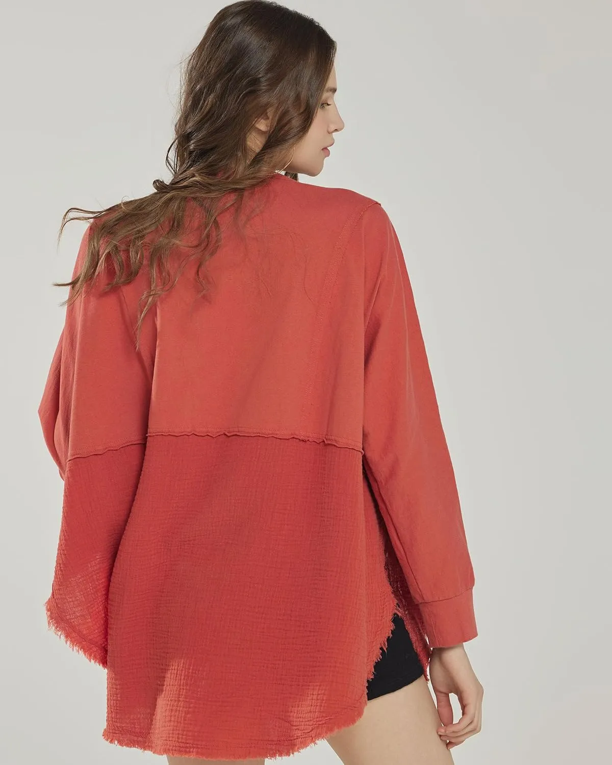 noflik 100% Cotton Comfy Oversized Round Side Slit Contrast Top & Pleat Detail Ballon Sleeve High and Low Top