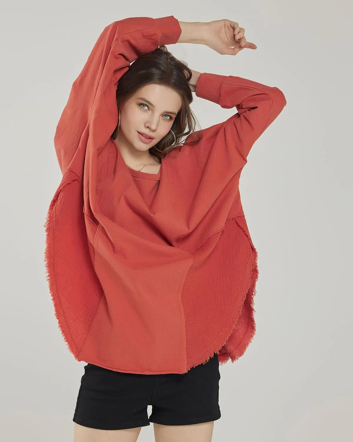 noflik 100% Cotton Comfy Oversized Round Side Slit Contrast Top & Pleat Detail Ballon Sleeve High and Low Top