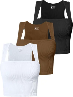 OQQ Women's 3 Piece Tank Tops Strappy Sleeveless Square Neck Stretch Tee Shirts Crop Camis