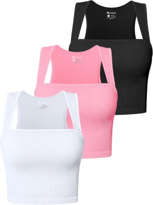 OQQ Women's 3 Piece Tank Tops Strappy Sleeveless Square Neck Stretch Tee Shirts Crop Camis