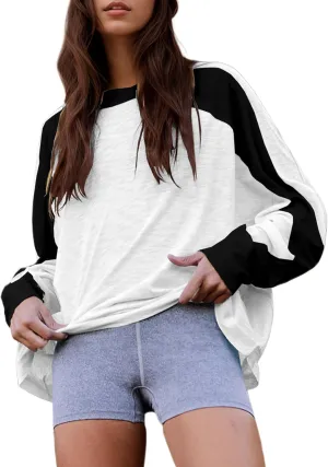 Oversized Color Block Long Sleeve Tee Shirt for Women Crew Neck Loose Fit Pullover Shirts Top