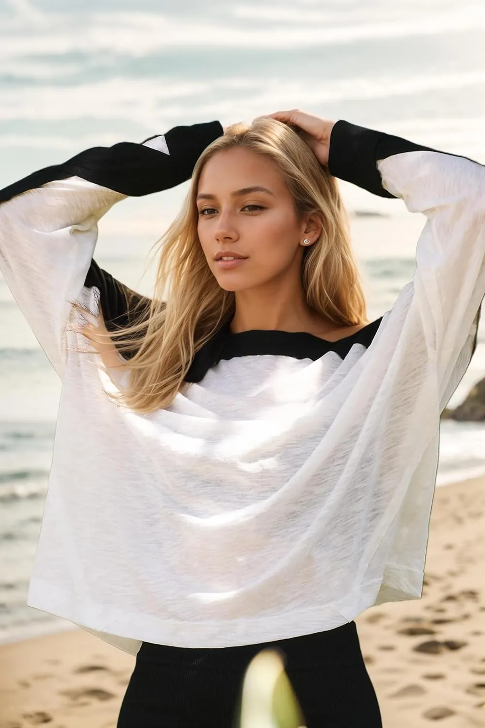 Oversized Color Block Long Sleeve Tee Shirt for Women Crew Neck Loose Fit Pullover Shirts Top