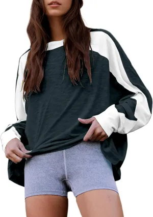 Oversized Color Block Long Sleeve Tee Shirt for Women Crew Neck Loose Fit Pullover Shirts Top