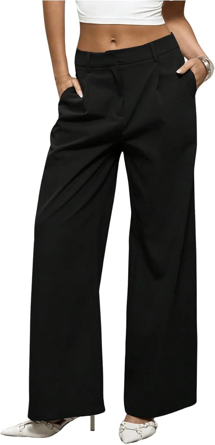 OYOANGLE Women's Straight Leg Tailored High Waisted Pants Casual Work Business Trousers with Pockets