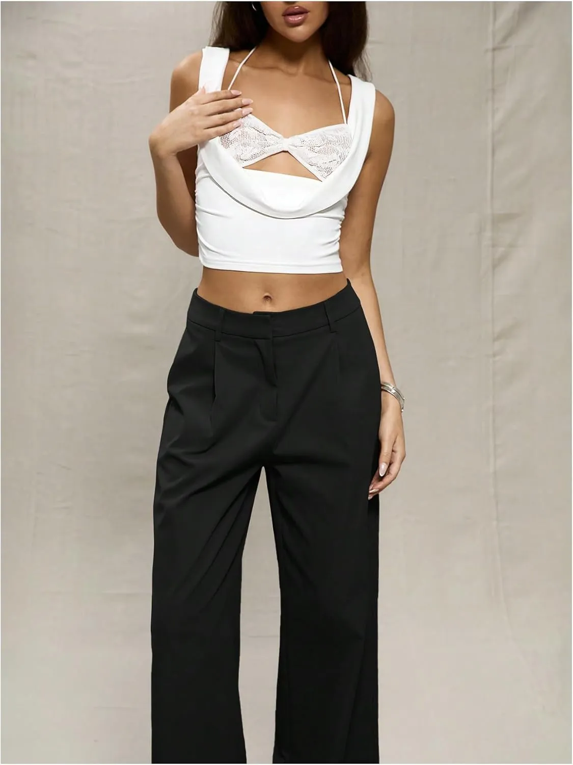 OYOANGLE Women's Straight Leg Tailored High Waisted Pants Casual Work Business Trousers with Pockets